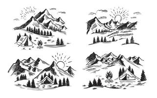 Zeltcamping im Wald in der Nähe von Bergen, Set, handgezeichnete Illustrationen. Vektor. vektor