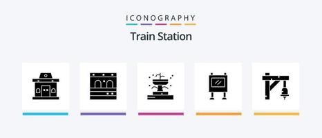 tåg station glyf 5 ikon packa Inklusive tåg. klocka. fontän. affisch. reklam. kreativ ikoner design vektor