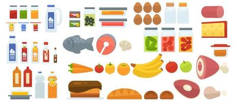 matvaror Produkter, kött och mjölk, bröd och frukt vektor