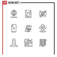 Stock Vector Icon Pack mit 9 Zeilen Zeichen und Symbolen für Kamera Mobile Eye Smartphone Vision editierbare Vektordesign-Elemente