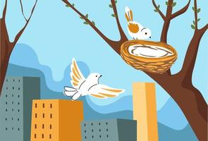 fåglar nesting på träd i stad vår säsong vektor
