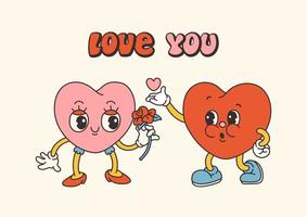 Retro-groovige Valentinstagsfiguren mit Slogans über die Liebe. trendiger Cartoon-Stil der 70er Jahre. Karte, Postkarte, Druckvektor vektor