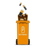 recyclingkonzept mit realistischer detaillierter 3d-mülltonne und fallender batterie. Vektor