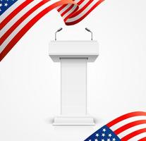 realistisk 3d detaljerad USA flagga och debatt podium baner bakgrund. vektor