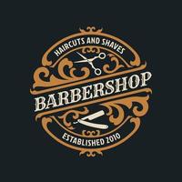 barbershop vintage luxus-rahmen-logo-abzeichen mit gedeihendem viktorianischen ornament vektor