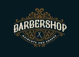 barbershop vintage luxus-rahmen-logo-abzeichen mit gedeihendem viktorianischen ornament vektor