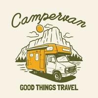 campervan outdoor-abenteuer handgezeichnete linie abenteuer illustration logo-abzeichen vektor