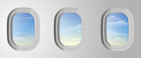 Flugzeugfenster mit bewölktem blauem Himmel draußen vektor