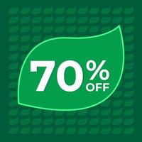 70 Prozent Rabatt. Siebzig Prozent Rabatt auf grünem Hintergrund mit Baumblatt-Konzeptvektor. vektor