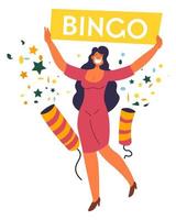 kvinna med bingo tecken, grattis på vinnande lotteri vektor