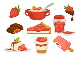 Speisen und Gerichte auf Erdbeerbasis, süße Desserts vektor