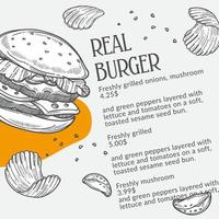 echtes burger fast food und chips, monochromes menü vektor