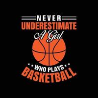 aldrig underskattar en flicka vem spelar basketboll, basketboll t skjorta design, basketboll utskrift, typografi t-tröjor vektor