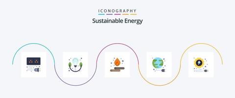 hållbar energi platt 5 ikon packa Inklusive kraft. elektricitet. vår. klot. plugg vektor