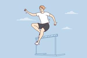 Der männliche Athlet, der hochläuft, springt während eines wichtigen Wettkampfs über die Barriere. Zielstrebiger Typ in Freizeitkleidung macht Sprung in Vorbereitung auf Meisterschaftswünsche, um eine Goldmedaille zu erhalten. flache vektorillustration vektor
