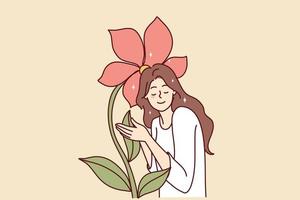 attraktiv kvinna stängning ögon finputsning jätte blomma njuter naturlig skönhet och trevlig lukt. flicka nära blomma symboliserar använda sig av av kosmetika utan tillägg av kemi. platt vektor illustration
