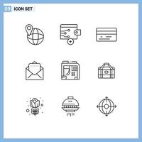 Stock Vector Icon Pack mit 9 Zeilen Zeichen und Symbolen für Sporttasche Geld Computerbox editierbare Vektordesign-Elemente