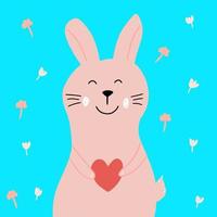 niedliches rosa handgezeichnetes abstraktes Kaninchen mit Herz, Kinderillustration für Poster, Valentinstagsgrußkarte, Urlaubspostkarte, kindlicher Druck für T-Shirt, Stoffdesign, freundlicher Häschencharakter vektor