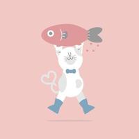 söt och härlig hand dragen katt och fisk, Lycklig hjärtans dag, kärlek begrepp, platt vektor illustration tecknad serie karaktär kostym design