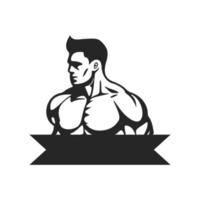 Elegantes Schwarz-Weiß-Logo mit dem Bild eines muskulösen Mannes. gut fürs Fitnessstudio. vektor