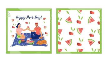 uppsättning av kort för picknick dag med par har en sommar picknick tillsammans, platt isolerat vektor illustration. utrustning av affisch och sömlös matchande mönster med människor äta utomhus.