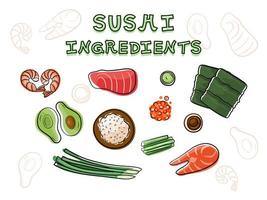 Sushi-Zutaten im einfachen, skizzenhaften Stil. Lachs, Thunfisch, Garnelen, Avocado, Nori, Kaviar, Gurken, Frühlingszwiebeln, Reis. vektor