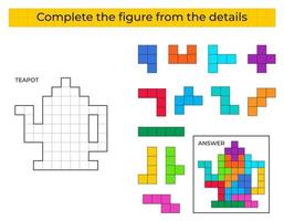 pussel spel med tekanna. färgrik detaljer för barn. komplett figur. utbildning spel för ungar, förskola kalkylblad aktivitet. pussel spel. vektor illustration.