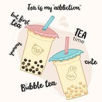 Tee ist meine Sucht. bubble tea set mit schriftzügen. Teezeit. aber zuerst Tee. süße leckere asiatische getränke. vektor