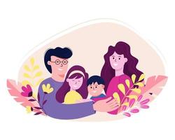 Lycklig familj. far, mor, son och dotter. föräldrar är förvaring på de händer av deras barn. vektor illustration i en platt stil