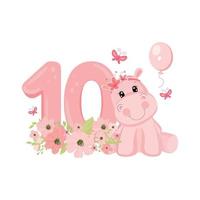 süßes Baby-Flusspferd. Geburtstagseinladung. zehn Jahre, zehn Monate. Alles Gute zum Geburtstag