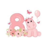 süßes Baby-Flusspferd. Geburtstagseinladung. acht Jahre, acht Monate. Alles Gute zum Geburtstag vektor