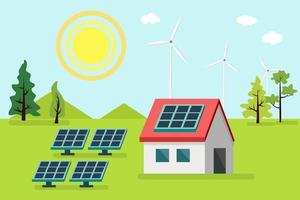 solarzellen auf dem dach mit windkraftanlagen zur stromerzeugung in hybridkraftwerksanlagen station. alternative erneuerbare energie aus dem naturökologiekonzept. vektor