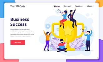 affärsframgångskoncept, medarbetare firar framgång nära en trofé vektor