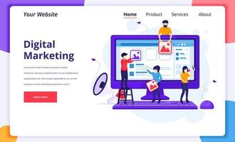 digitalt marknadsföringskoncept, arbetare som laddar upp bilder för att marknadsföra produkter vektor