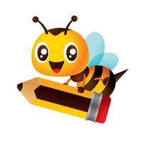 zurück zur Schule. 3d niedliche Honigbiene mit großem Bleistift mit glücklicher Lächelncharakterillustration vektor