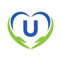 Handpflege-Logo auf Buchstabe u. wohltätigkeitslogo, gesundheitsversorgung, stiftung mit handsymbol vektor