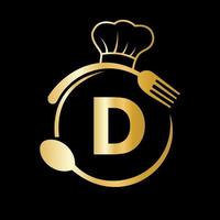 restaurang logotyp på brev d med kock hatt, sked och gaffel symbol för kök tecken, Kafé ikon, restaurang, matlagning företag vektor