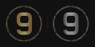9:e födelsedag.nio år årsdag firande baner i gyllene och silver- färger. cirkulär logotyp med original- siffra design i elegant rader. vektor