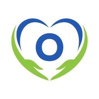 hand vård logotyp på brev o. välgörenhet logotyp, sjukvård vård, fundament med hand symbol vektor