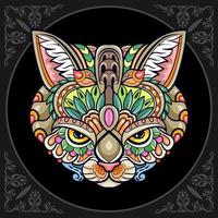 bunte Katzenkopf-Mandala-Kunst isoliert auf schwarzem Hintergrund vektor