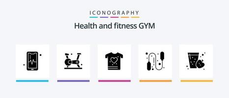 Gym Glyph 5 Icon Pack inklusive . Saft. Scheiße. Obst. Springseil. kreatives Symboldesign vektor