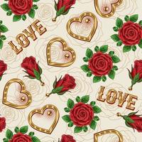 Valentinstag nahtloser Hintergrund mit goldenen Herzen, Rosenblüten, Umrissrosen, Text, Halbtonformen. vektorliebesmuster für hochzeit, verlobungsereignis, valentinstag, geschenkdekoration.
