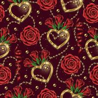 valentinstag nahtloses muster mit romantischen symbolen, goldketten, herz, rosenblume, spiralband, perlen. Vektormuster für Hochzeit, Verlobungsveranstaltung, Valentinstag, Geschenkdekoration.