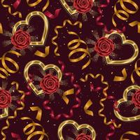valentinstag nahtloser hintergrund mit romantischen symbolen, herz, rosenblume, spiralband, streamer, konfetti. Vektormuster für Hochzeit, Verlobungsveranstaltung, Valentinstag, Geschenkdekoration. vektor