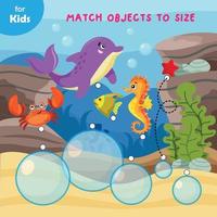 Bubble Sizer ist ein Spiel für Kinder, bei dem Kinder Blasengrößen mit Tieren vergleichen, um Größen- und Anpassungsfähigkeiten zu entwickeln. Um voranzukommen, müssen die Spieler für jedes Tier die richtige Blasengröße auswählen. Marine-Serie vektor