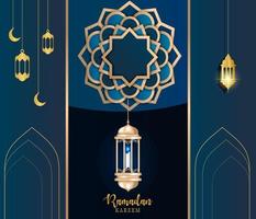 ramadan kareem hälsning kort design med mandala konst islamic kalligrafi, islamic ramadan affisch 'ramadan kareem bakgrund med skön lyktor moské gruvarbetare och islamic arabicum baner. vektor