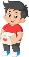 söt pojke bärande paket låda med röd valentine hjärta tecken på hjärtans dag vektor