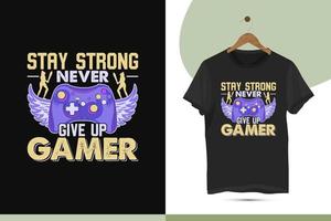 Gaming-Typografie-T-Shirt-Design-Vorlage. Gaming-Shirt, Controller, Grafiken und Illustrationen. Das hochwertige Vektor-Shirt ist einfach zu bedrucken und für Gamer, Jungen und Mädchen universell einsetzbar. vektor