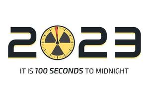 2023 Poster mit Uhr und Strahlungsschild. Weltuntergangsuhr. Symbol der globalen Katastrophe, Zeichen der Apokalypse. flache vektorillustration.