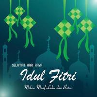 selamat idul fitri, aidil fitri set von ketupat und moschee transalation happy eid mubarak, der gefeierte islamische tag. vektor